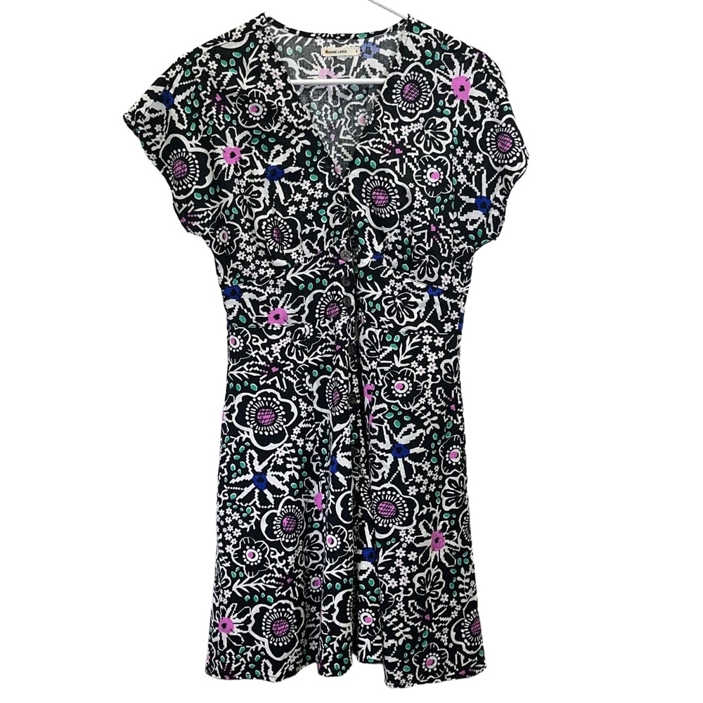 Marine Layer Womens Multicolor Floral‎ Print V Neck Short Sleeve Dress Small
